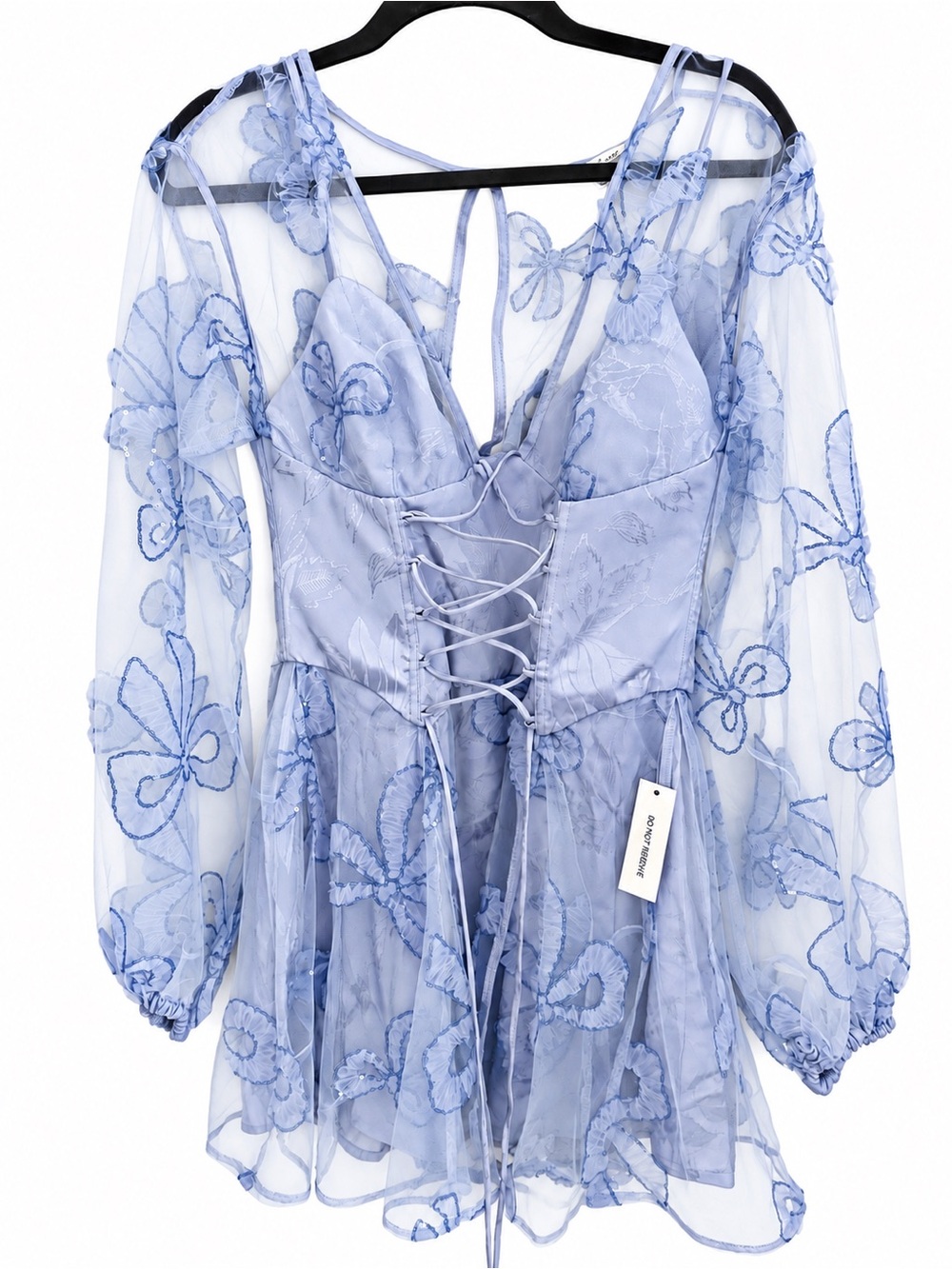 For Love And Lemons Pale Blue Embroidered Sheer Lace-Up Mini Dress